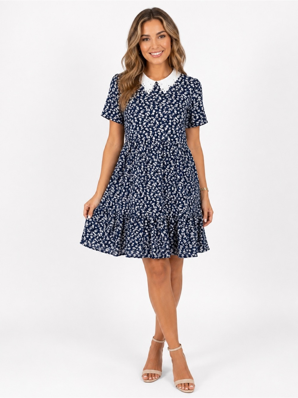 Misia Navy Floral Tiered Dress with White Peter Pan Collar